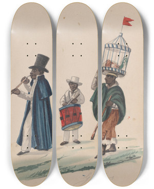Triptych art skateboard deck of Francisco Fierro Two Musicians And A Man Carrying On His Head A Rooster In Cage by Francisco Fierro (1807-1879)