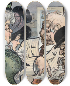 Triptych art skateboard deck of Frank Arthur Nankivell During The Investigation by Frank Arthur Nankivell (1869-1959)