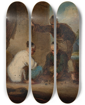 Triptych art skateboard deck of George Chinnery A Street Scene In Macau With Three Men Gambling_2 by George Chinnery (1774-1852)