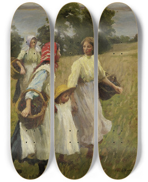 Triptych art skateboard deck of Harold Harvey The Blackberry Harvest_1 by Harold Harvey (1874-1941)