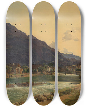 Triptych art skateboard deck of Ferdinand Georg Waldmller Die Traun Bei Ischl by Ferdinand Georg Waldmuller (1793-1865)