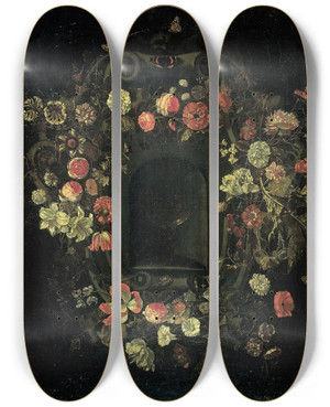 Triptych art skateboard deck of Karel Batist Wreath Of Flowers Encircling A Niche by Karel Batist (1659-1668)