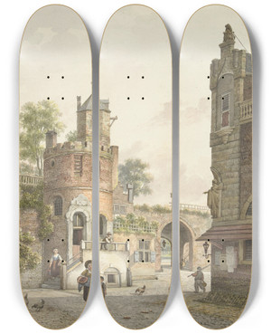 Triptych art skateboard deck of Jan Hendrik Verheijen Stadsmuur Met Een Toren En Een Poort Van Binnen Gezien by Jan Hendrik Verheijen (1778-1846)