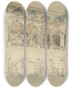 Triptych art skateboard deck of Wilhelm Cornelis Bauer Binnenplaats Van De Ecole Des Beauxarts Te Parijs by Wilhelm Cornelis Bauer (1862-1904)
