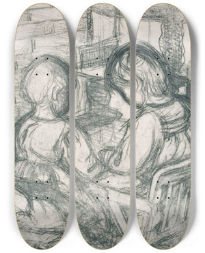 Triptych art skateboard deck of Pekka Halonen Girls By The Fireplace by Pekka Halonen (1865-1933)