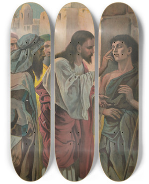 Triptych art skateboard deck of Harris Jones Co Christ And The Blind Man by Harris Jones Co (1868)