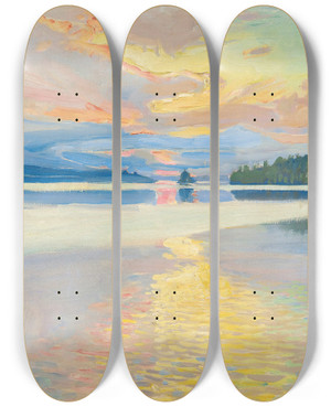 Triptych art skateboard deck of Akseli Gallenkallela Sunset Over Lake Ruovesi by Akseli Gallen Kallela (1865-1931)