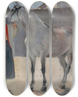 Triptych art skateboard deck of Jozef Hanula Study Of A Grey Horse With A Coachman by Jozef Hanula (1863-1944)