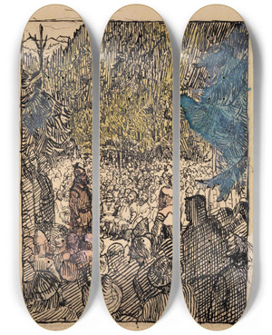 Triptych art skateboard deck of Christian Krohg Preparation For Illustration In Snorre Sturlason Kongesagaer by Christian Krohg (1852-1925)
