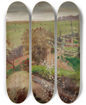 Triptych art skateboard deck of Jacek Malczewski Spring Landscape From The Countryside by Jacek Malczewski (1854-1929)