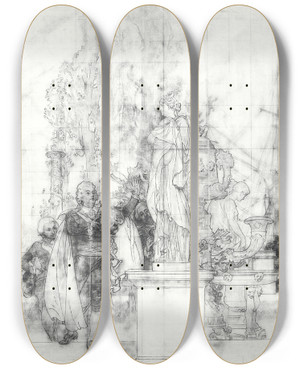 Triptych art skateboard deck of Carl Larsson Patron Of The Fine Arts And Founder Of The Museum King Gustav Iii Of Sweden Recieving Antique Pieces Of Art by Carl Larsson (1853-1919)