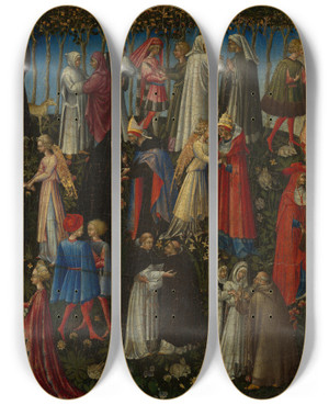 Triptych art skateboard deck of Giovanni Di Paolo Paradise by Giovanni Paolo Spadino (1403-1482)