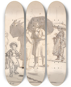 Triptych art skateboard deck of Wilhelm Marstrand Gadescene I Regnvejr by Wilhelm Marstrand (1810-1873)