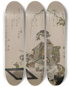 Triptych art skateboard deck of Kikukawa Eizan Woman Performing The Tea Ceremony by Kikukawa Eizan (1787-1867)