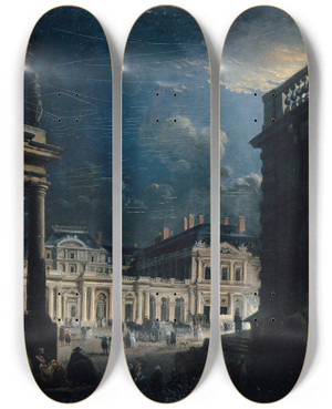 Triptych art skateboard deck of Pierreantoine Demachy La Place Du Palaisroyal Au Clair De Lune by Pierre-Antoine Demachy (1723-1807)