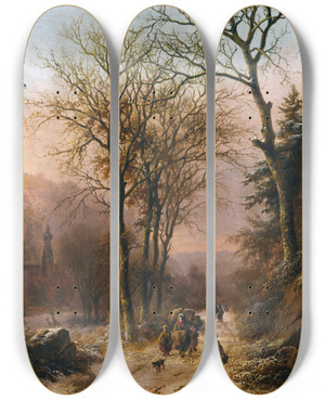 Triptych art skateboard deck of Barend Cornelis Koekkoek Figures On A Winter Road by Barend Cornelis Koekkoek (1803-1862)