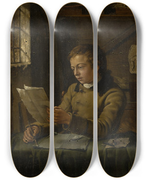 Triptych art skateboard deck of Jan Ekels The Younger A Young Draughtsman At Work In His Studio by Jan Ekels the Younger (1759-1793)