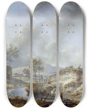 Triptych art skateboard deck of Philips Wouwerman A Stream In Hilly Country by Philips Wouwerman (1619-1668)