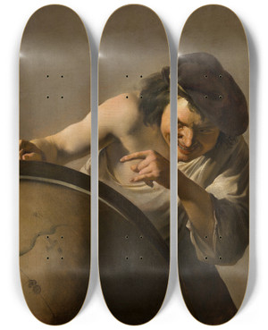 Triptych art skateboard deck of Johannes Paulus Moreelse Democritusthe Laughing Philosopher by Johannes Pauwelsz Moreelse (1603-1634)