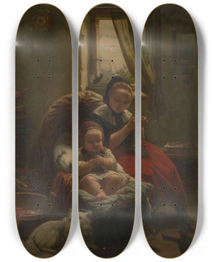 Triptych art skateboard deck of Eduard Geselschap Kind In De Wieg by Eduard Geselschap (1814-1878)