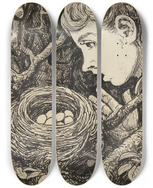 Triptych art skateboard deck of Hans Thoma Nest by Hans Thoma (1839-1924)