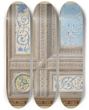 Triptych art skateboard deck of Julesedmondcharles Lachaise Design For The Painted Decoration Of A Coffered Ceiling With Initials Vr_1 by Jules-Edmond-Charles Lachaise (1897)