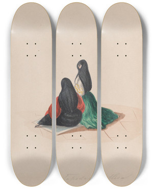 Triptych art skateboard deck of Francisco Fierro Two Woman Wearing The Saya Attending Mass by Francisco Fierro (1807-1879)