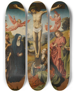 Triptych art skateboard deck of Cornelis Engebrechtsz The Crucifixion With The Virgin Mary Saints Mary Magdalene John The Baptist Peter And An Unidentified Male Saint by Cornelis Engebrechtsz (1461-1527)
