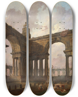 Triptych art skateboard deck of Hubert Robert The Landing Place by Hubert Robert (1733-1808)
