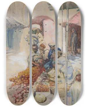 Triptych art skateboard deck of Frances Hodgkins The Orange Sellers Tangiers by Frances Hodgkins (1869-1947)