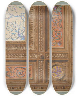 Triptych art skateboard deck of Julesedmondcharles Lachaise Design For The Painted Decoration Of A Coffered Ceiling With Initials Vr_2 by Jules-Edmond-Charles Lachaise (1897)