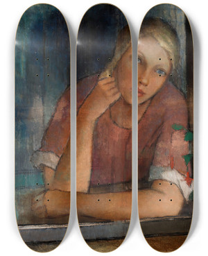 Triptych art skateboard deck of Alvar Cawn Tytt Ikkunassa by Alvar Cawen (1886-1935)