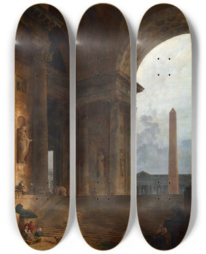 Triptych art skateboard deck of Hubert Robert The Obelisk_1 by Hubert Robert (1733-1808)