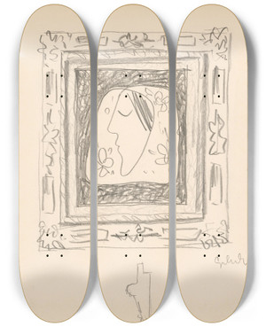 Triptych art skateboard deck of Mikul Galanda The Head Of A Woman In A Decorative Frame by Mikulas Galanda (1895-1938)