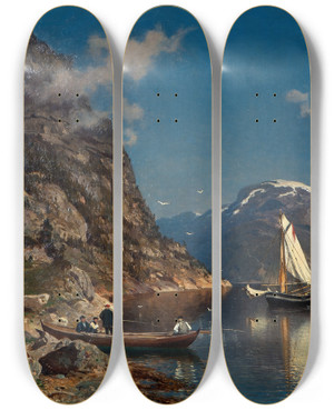 Triptych art skateboard deck of Morten Mller Fiord Landscape by Morten Mller (1828-1911)