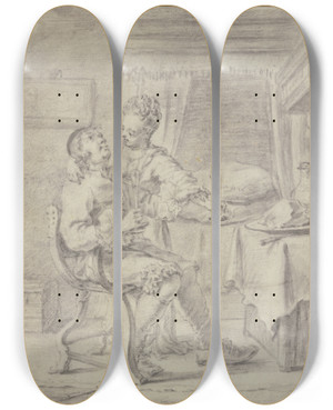 Triptych art skateboard deck of Frans Van Mieris The Elder Lovers At Supper by Frans Van Mieris The Elder (1635-1681)