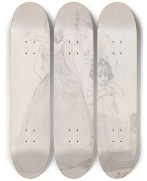 Triptych art skateboard deck of John Flaxman Two Women And A Child by John Flaxman (1755-1826)