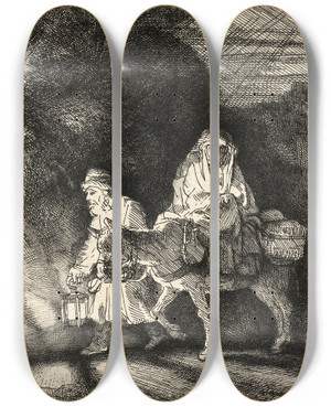 Triptych art skateboard deck of Rembrandt Van Rijn The Flight Into Egypt A Night Piece_2 by Rembrandt Van Rijn (1606-1669)