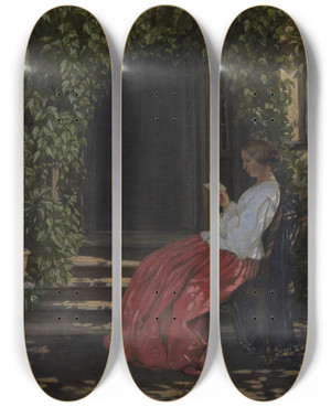Triptych art skateboard deck of Vilhelm Kyhn Lsende Dame Uden For En Havedr by Vilhelm Kyhn (1819-1903)