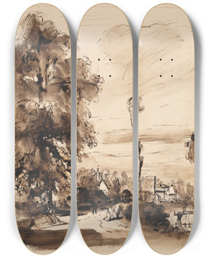 Triptych art skateboard deck of Thomas Creswick A Country Lane With Cottages by Thomas Creswick (1811-1869) Triptych art skateboard deck of Thomas Creswick A Country Lane With Cottages by Thomas Creswick (1811-1869)