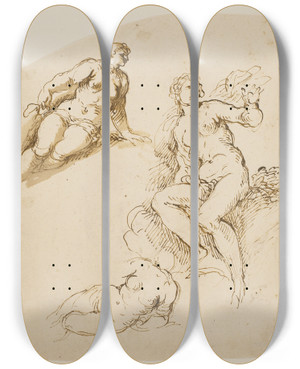 Triptych art skateboard deck of Jacopo Palma Il Giovane Studier Af En Siddende Og To Halvtliggende Kvinder by Jacopo Palma Il Giovane (1548-1628)