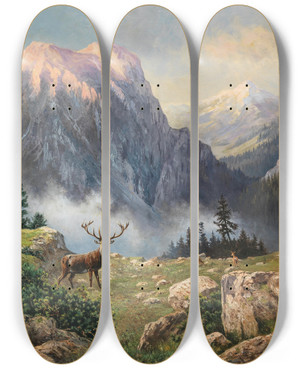 Triptych art skateboard deck of Arthur Graf Polzerhoditz An Eightpointer In The Mountains by Arthur Graf Polzer-Hoditz (1870-1945)