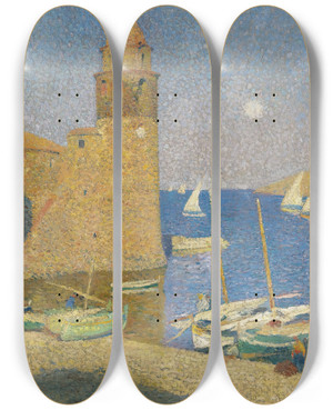 Triptych art skateboard deck of Henri Martin La Tour De Collioure Lever De Lune by Henri Martin (1860-1943)