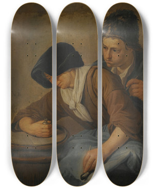 Triptych art skateboard deck of Norbert Van Bloemen Interior With A Man And A Woman Smoking by Norbert Van Bloemen (1670-1746)