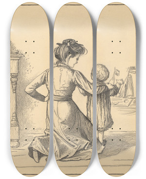 Triptych art skateboard deck of Willem Pothast Moeder En Kind Bij Een Muur by Willem Pothast (1877-1916)