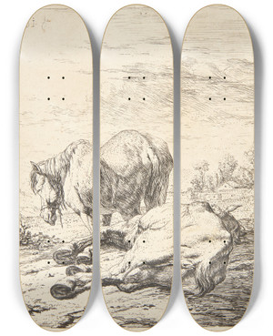 Triptych art skateboard deck of Karel Dujardin To Heste by Karel Dujardin (1622-1678)