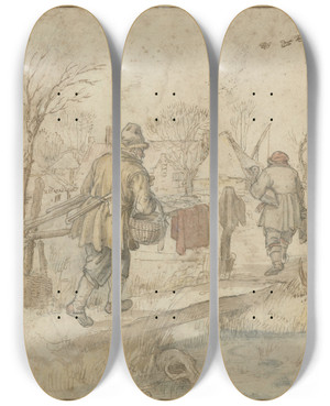 Triptych art skateboard deck of Hendrick Avercamp Return Of The Duck Hunters by Hendrick Avercamp (1585-1634)