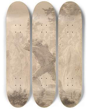 Triptych art skateboard deck of Hans Gude Da Han Var Kommen Midt Ut P Myra Var Det S Fullt Med Folk At Han Ordentlig Mtte Alboge Seg Fram_2 by Hans Gude (1825-1903)