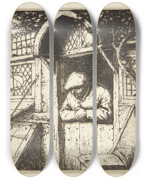 Triptych art skateboard deck of Adriaen Van Ostade Farmer Leaning Out Of A Doorway by Adriaen Van Ostade (1610-1684)