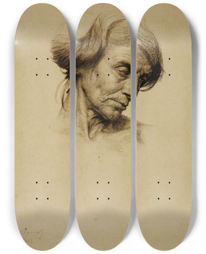 Triptych art skateboard deck of Sigmund Lipinsky  Studienkopf Einer Alten Frau by Sigmund Lipinsky (1873-1940)